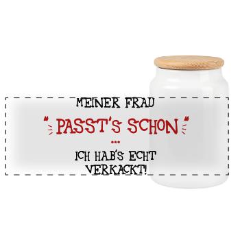 Meiner Frau passts schon - Panorama Keksdose mit Holzdeckel - Weiß - Vorne