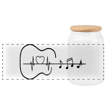 Guitar with heartbeat and musical notes * - Panoramic Cookie Jar with Wooden Lid - white - Front