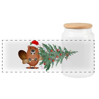 Niedlicher Weihnachtsbiber mit Tannenbaum - Panorama Keksdose mit Holzdeckel - Weiß - Vorne