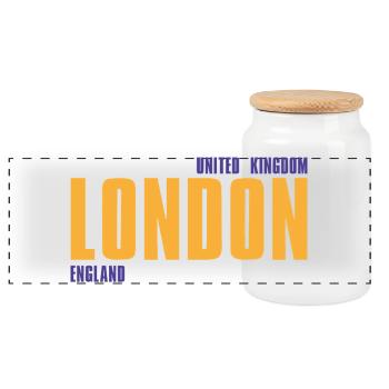 London in goldener Schrift mit blauen Akzenten - Panorama Keksdose mit Holzdeckel - Weiß - Vorne