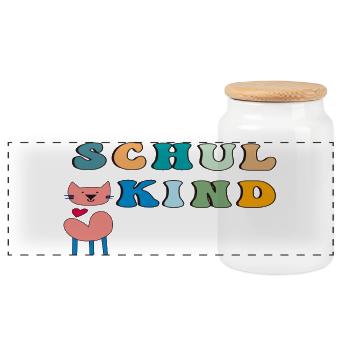 Schulkind Katze Herz - Panorama Keksdose mit Holzdeckel - Weiß - Vorne