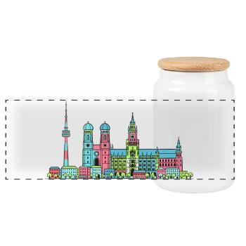 Münchner Stadtskyline Marienplatz Moderne Linienkunst - Panorama Keksdose mit Holzdeckel - Weiß - Vorne