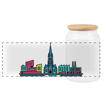 Tilburg City Skyline St Joseph Church Art - Panoramic Cookie Jar with Wooden Lid - white - Front