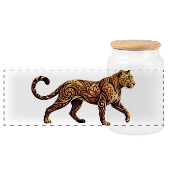 Ornamentierter Leopard Tribal Floral Muster Motiv - Panorama Keksdose mit Holzdeckel - Weiß - Vorne