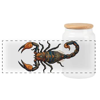Tribal Scorpion Geometric Pattern Motif - Panoramic Cookie Jar with Wooden Lid - white - Front