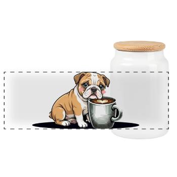 süße Bulldogge Welpe Hund mit Kaffeetasse Kawaii - Panorama Keksdose mit Holzdeckel - Weiß - Vorne