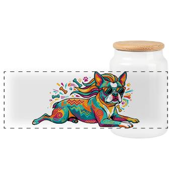 Bunter Hund Pop Art Muster und cooler Sonnenbrille - Panorama Keksdose mit Holzdeckel - Weiß - Vorne