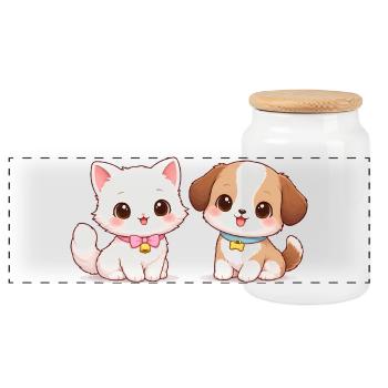 Hund Katze Comic - Panorama Keksdose mit Holzdeckel - Weiß - Vorne