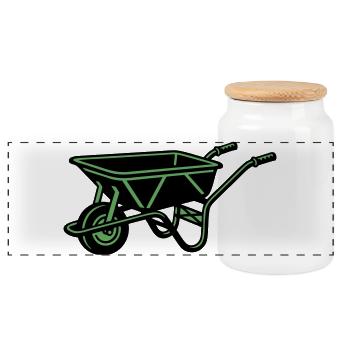Wheelbarrow Garden Construction Tool - Panoramic Cookie Jar with Wooden Lid - white - Front