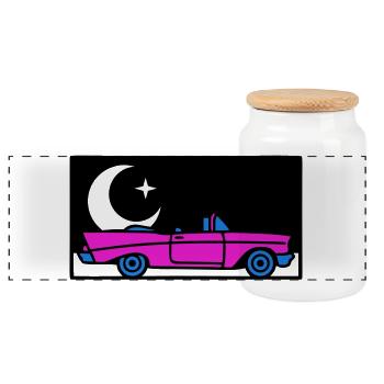 Retro 80s Cabrio Grafik - Panorama Keksdose mit Holzdeckel - Weiß - Vorne