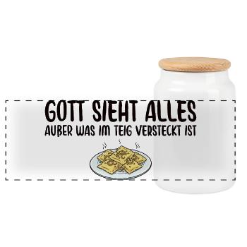 Maultaschen Gott sieht alles Schwäbisch - Panorama Keksdose mit Holzdeckel - Weiß - Vorne