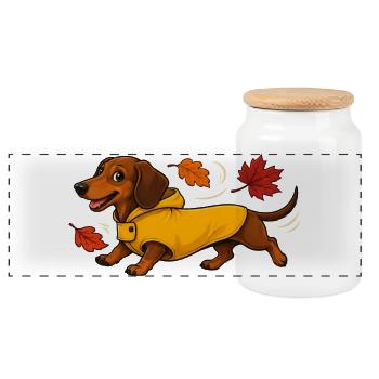 Herbst Dackel in Gelber Regenjacke - Panorama Keksdose mit Holzdeckel - Weiß - Vorne