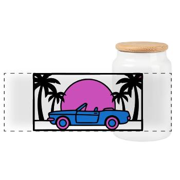 Cabrio Palmen Sunset Grafik - Panorama Keksdose mit Holzdeckel - Weiß - Vorne