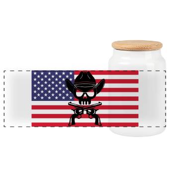 Cowboy skull and American flag - Panoramic Cookie Jar with Wooden Lid - white - Front