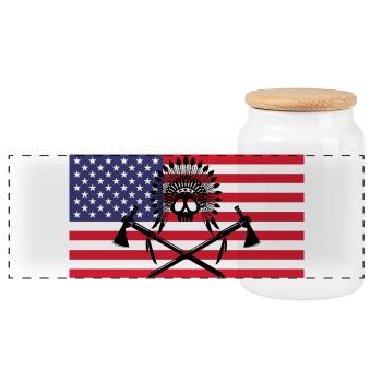 Indianerschädel und amerikanische Flagge - Panorama Keksdose mit Holzdeckel - Weiß - Vorne