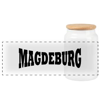 Magdeburg Schriftzug - Panorama Keksdose mit Holzdeckel - Weiß - Vorne