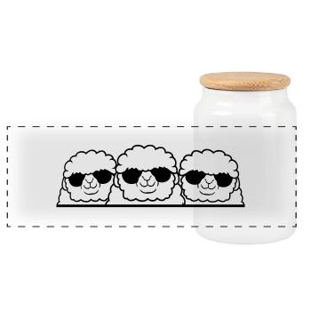 3 DJ Schafe Hinter Zaun Mauer Sonnenbrille Freunde - Panorama Keksdose mit Holzdeckel - Weiß - Vorne