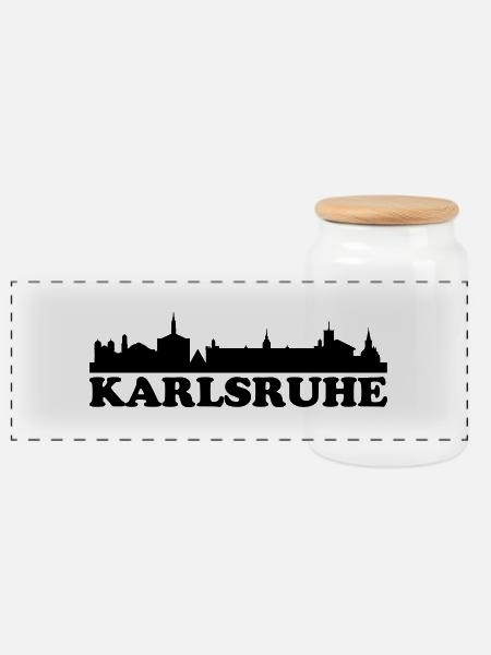 Skyline Karlsruhe Text - Panorama Keksdose mit Holzdeckel - Weiß