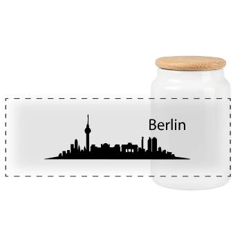 BERLIN MOTIVE – BERLIN SKYLINE – City of Berlin De - Panorama Keksdose mit Holzdeckel - Weiß - Vorne