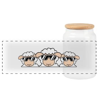 3 DJ Schafe Hinter Zaun Mauer Sonnenbrille Freunde - Panorama Keksdose mit Holzdeckel - Weiß - Vorne