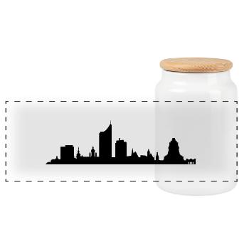 Skyline Leipzig - Panorama Keksdose mit Holzdeckel - Weiß - Vorne