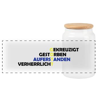 gekreuzigt_gestoreben_auferstanden_2 - Panorama Keksdose mit Holzdeckel - Weiß - Vorne