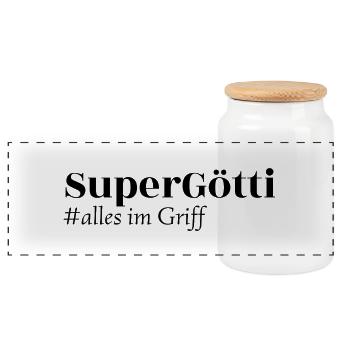Super Götti - alles im Griff - Panorama Keksdose mit Holzdeckel - Weiß - Vorne