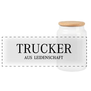 Schriftzug Trucker - Panorama Keksdose mit Holzdeckel - Weiß - Vorne