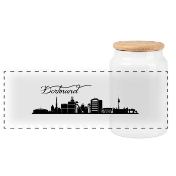 Dortmunder Skyline - Panorama Keksdose mit Holzdeckel - Weiß - Vorne
