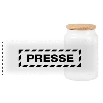 Presse Schild Rückenschild Warnbalken - Panorama Keksdose mit Holzdeckel - Weiß - Vorne