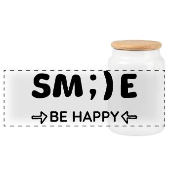 Smile - Be happy - Positive Thinking - Panoramic Cookie Jar with Wooden Lid - white - Front