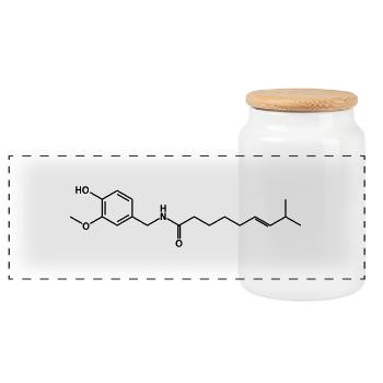 Capsaicin (Chili Paprika) Molekül - Panorama Keksdose mit Holzdeckel - Weiß - Vorne