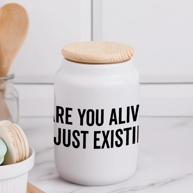 Lebst du oder existierst du nur? Panorama Keksdose mit Holzdeckel