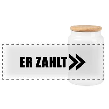 er_zahlt___f1 - Panoramic Cookie Jar with Wooden Lid - white - Front