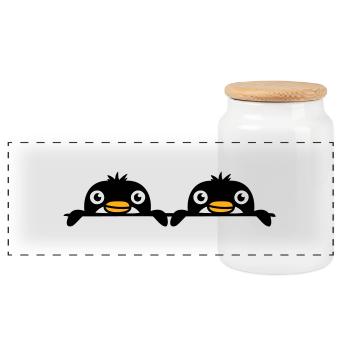 2 Pinguine Freunde gucken hinter Mauer hervor Team - Panorama Keksdose mit Holzdeckel - Weiß - Vorne