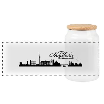 Nordhorner Skyline - Panorama Keksdose mit Holzdeckel - Weiß - Vorne