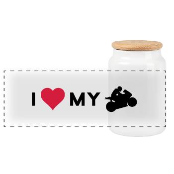 i love my motorcycle - Panoramic Cookie Jar with Wooden Lid - white - Front