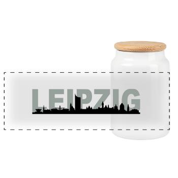Skyline Leipzig Name - Panorama Keksdose mit Holzdeckel - Weiß - Vorne
