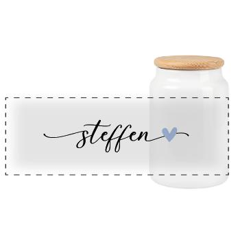 Steffen Name Calligraphy Font - Panoramic Cookie Jar with Wooden Lid - white - Front