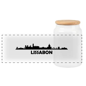 Skyline Lissabon Text - Panorama Keksdose mit Holzdeckel - Weiß - Vorne