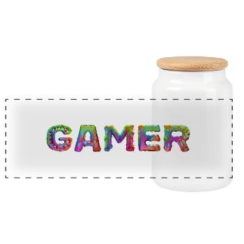 Gamer - Schriftzug - Panorama Keksdose mit Holzdeckel - Weiß - Vorne