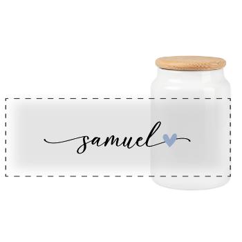 Samuel Name Calligraphy Font - Panoramic Cookie Jar with Wooden Lid - white - Front