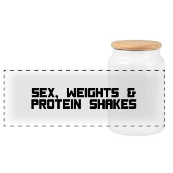 sex weights proteinshakes - Panoramic Cookie Jar with Wooden Lid - white - Front