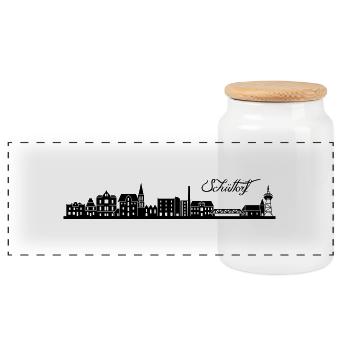 Schüttorfer Skyline - Panorama Keksdose mit Holzdeckel - Weiß - Vorne