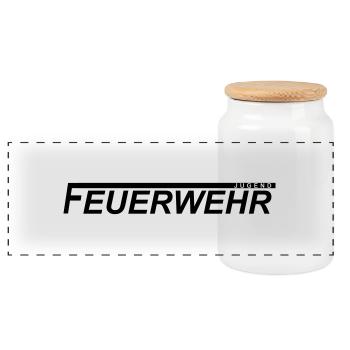 Jugendfeuerwehrlogo mit langem F - Panorama Keksdose mit Holzdeckel - Weiß - Vorne