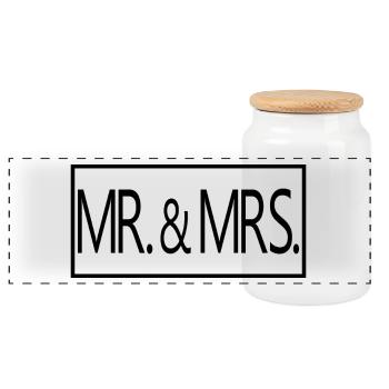 Mr. & Mrs. Married Couple Men & Women Wedding Gift - Panoramic Cookie Jar with Wooden Lid - white - Front