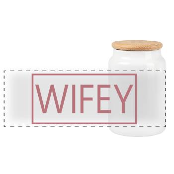 Wifey Matching Couple Engagement Wedding Honeymoon - Panoramic Cookie Jar with Wooden Lid - white - Front