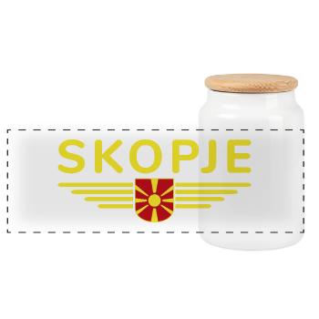 Skopje Design – Für Mazedonien Fans - Panorama Keksdose mit Holzdeckel - Weiß - Vorne