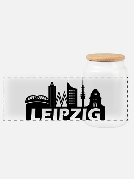 Skyline Leipzig - Panorama Keksdose mit Holzdeckel - Weiß
