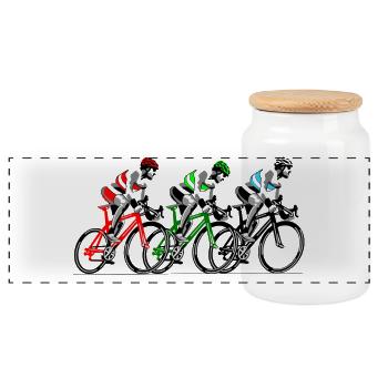 Drei Radfahrer unterwegs - Panorama Keksdose mit Holzdeckel - Weiß - Vorne